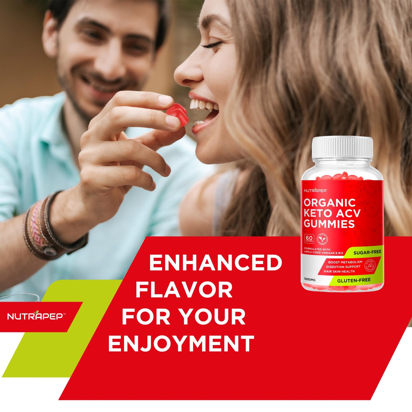 NutraPep organic vegan ACV gummies bottle side view with benefits