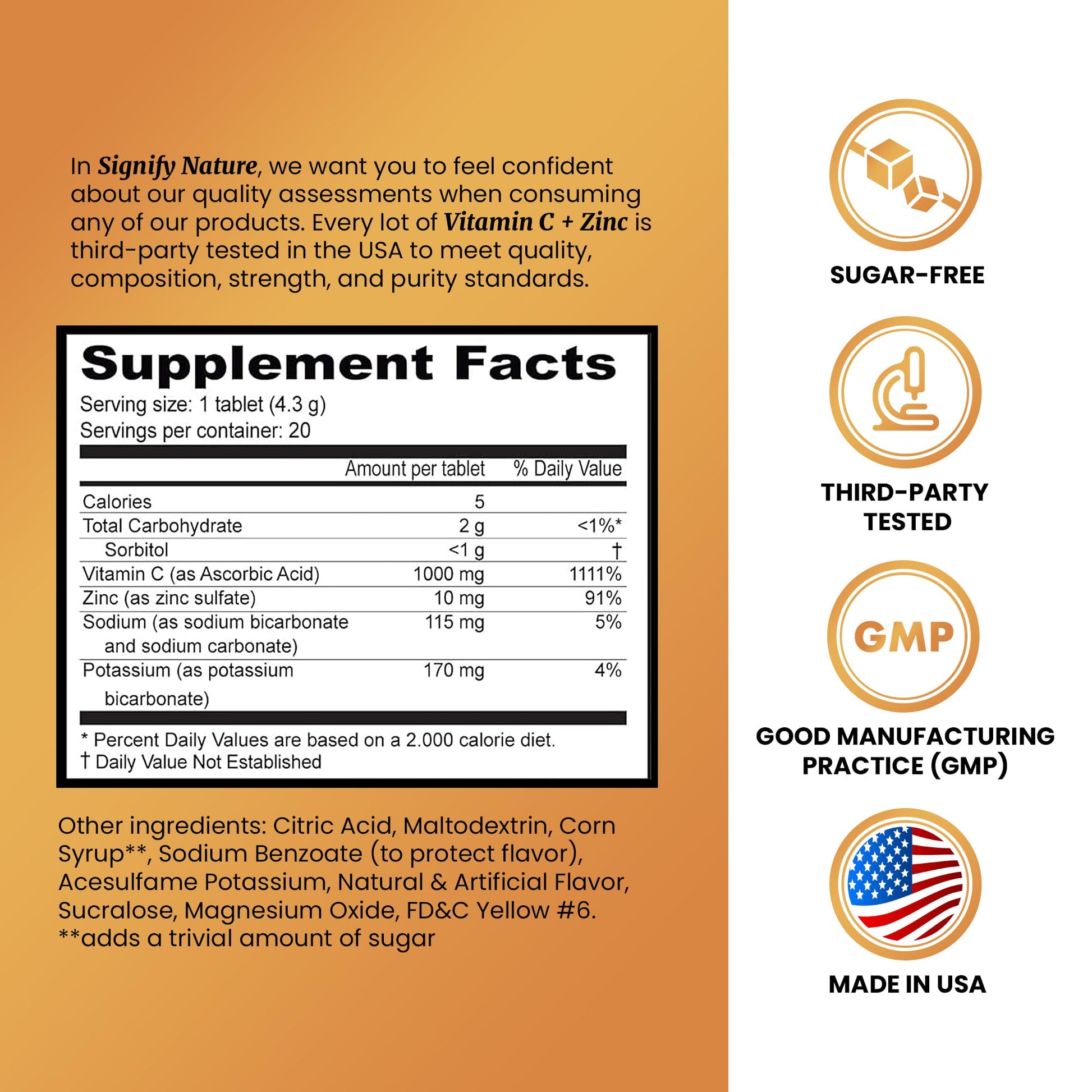 Signify Nature Vitamin C and Zinc water soluble tablets tube with nutritional information label.