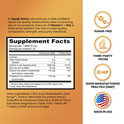 Signify Nature Vitamin C and Zinc water soluble tablets tube with nutritional information label.