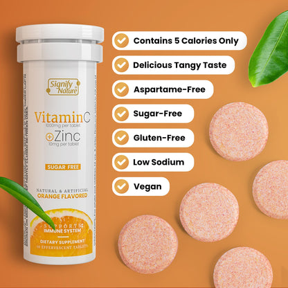 Side view of Signify Nature vegan friendly 20 count vitamin C tube highlighting USA import quality.