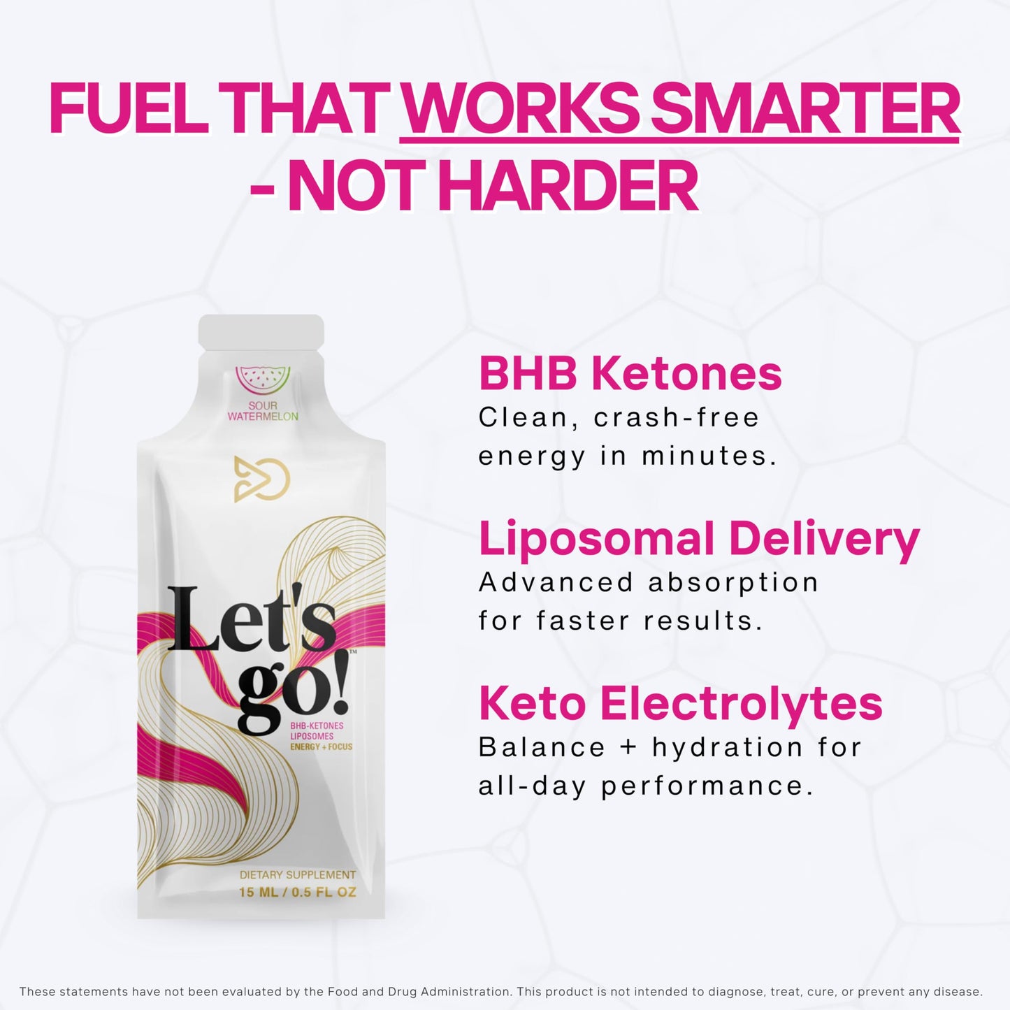 LET GO exogenous ketones liquid supplement single sachet in sour watermelon flavor.