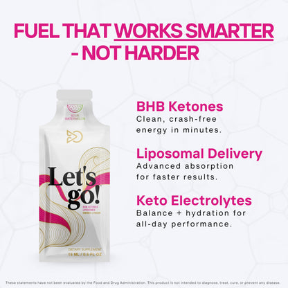 LET GO exogenous ketones liquid supplement single sachet in sour watermelon flavor.