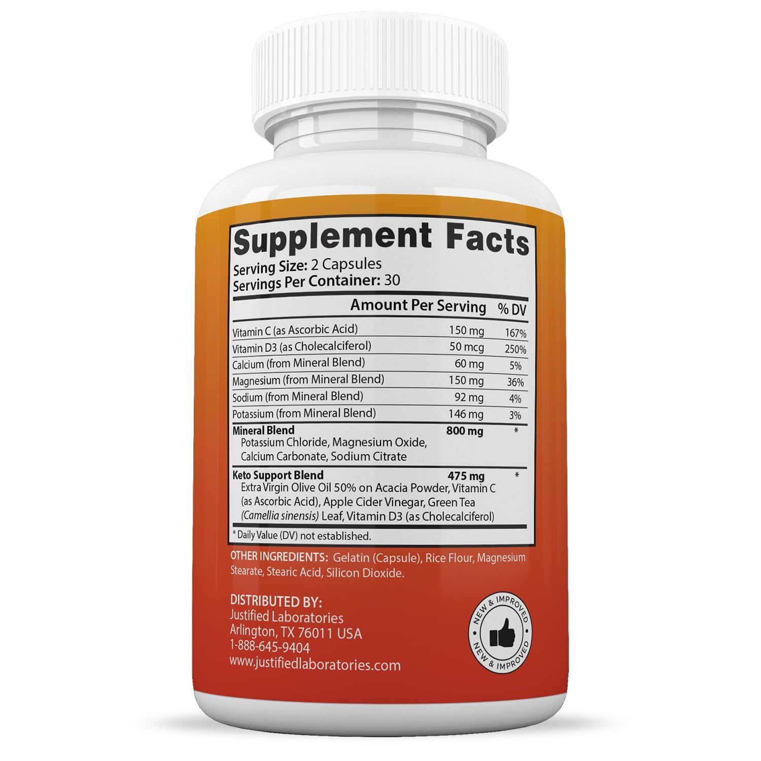 Justified Laboratories Keto GT supplement bottle displaying the detailed nutrition facts and 1275MG proprietary blend layout.