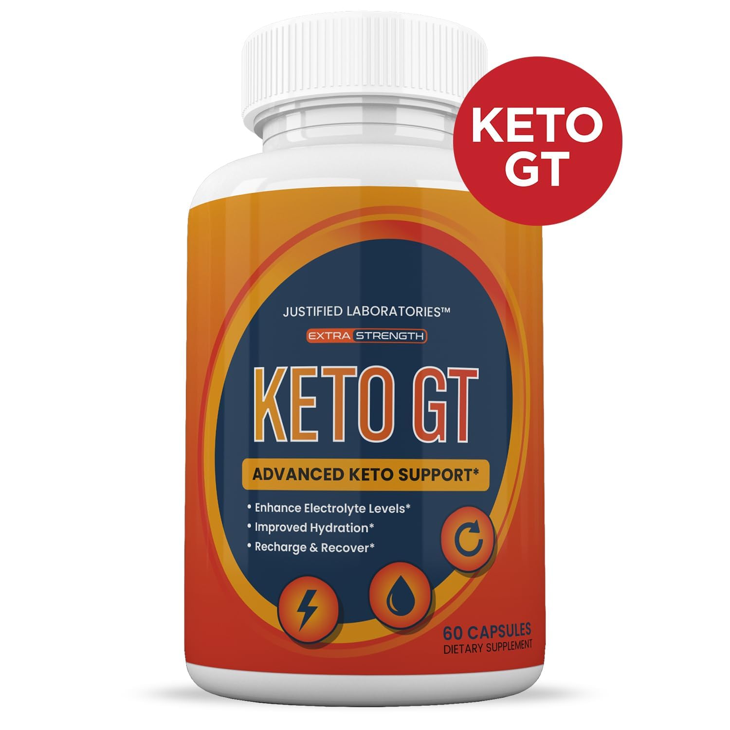 Side angle of Justified Laboratories Keto GT dietary pills focusing on the authentic quality seals and usage recommendations.