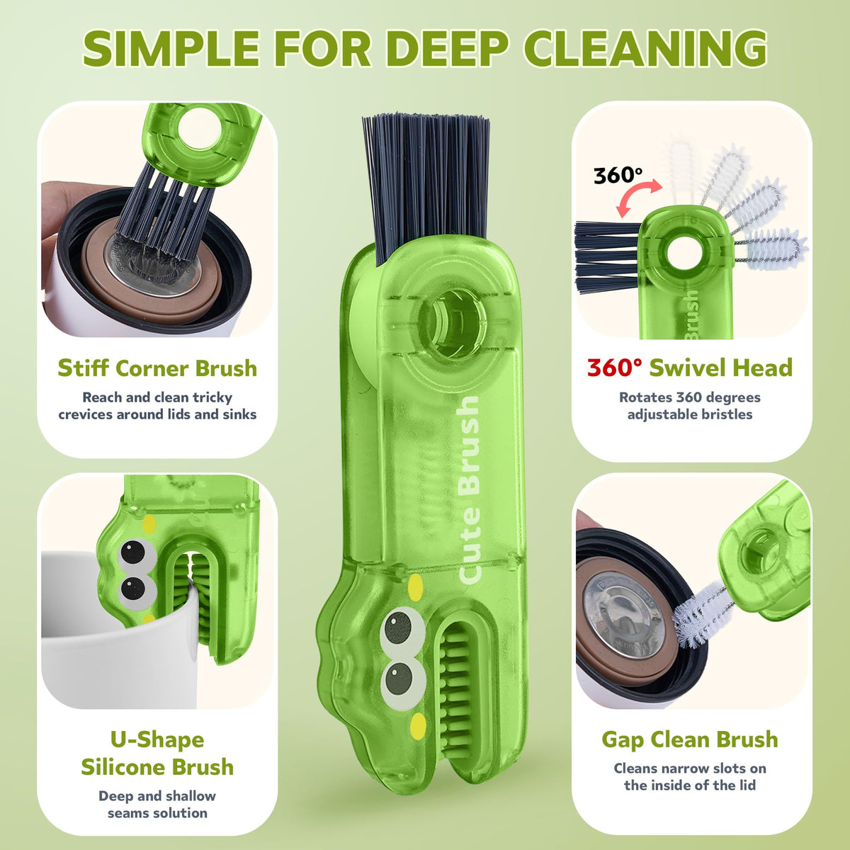 Green crocodile U-shaped brush for cup rim cleaning
