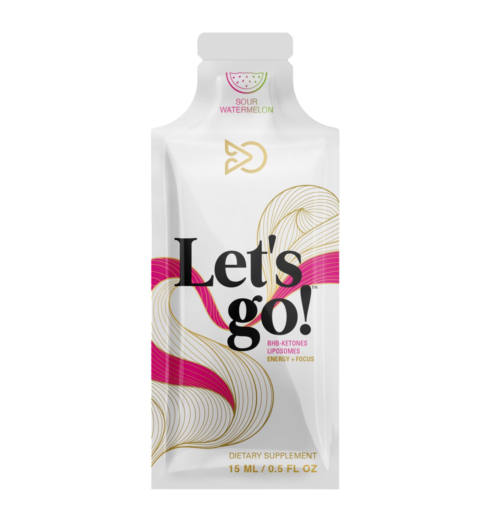 Closeup of LET GO fast acting sour watermelon flavored ketone sachet for clean energy.