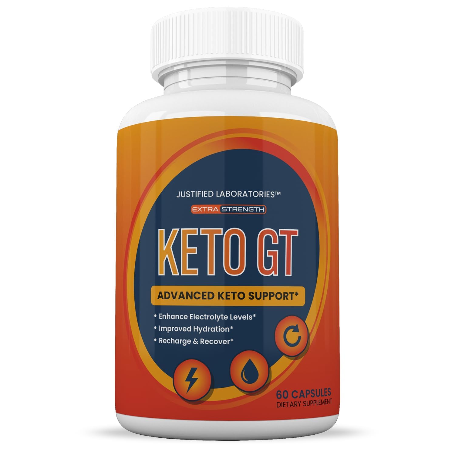 Justified Laboratories Keto GT 60 capsules container showcasing apple cider vinegar and green tea benefits text.