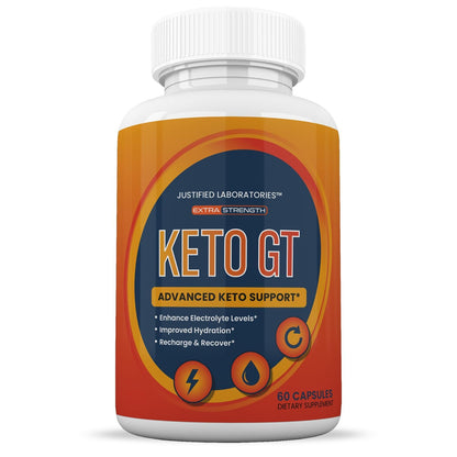 Justified Laboratories Keto GT 60 capsules container showcasing apple cider vinegar and green tea benefits text.