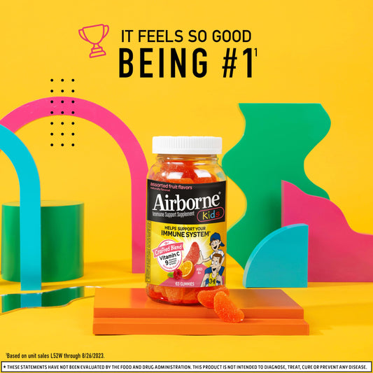 Airborne Kids Assorted Fruit dietary supplement gummies packaging showcasing nutrition facts.