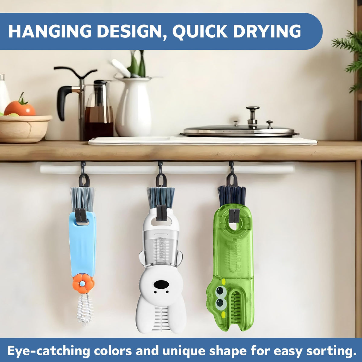 Three cleaning brushes hanging for drying