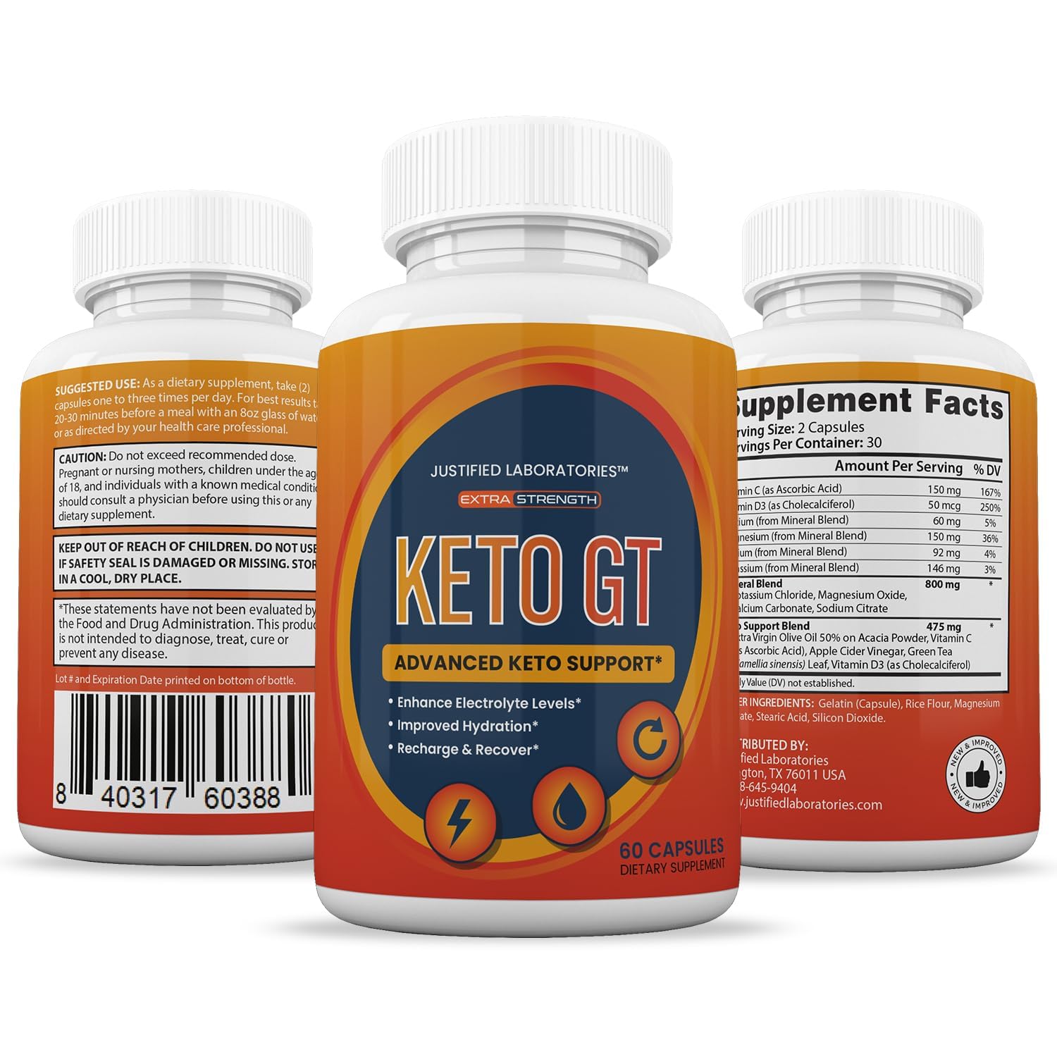 Justified Laboratories Keto GT product packaging highlighting the imported wellness formula for low carb support.