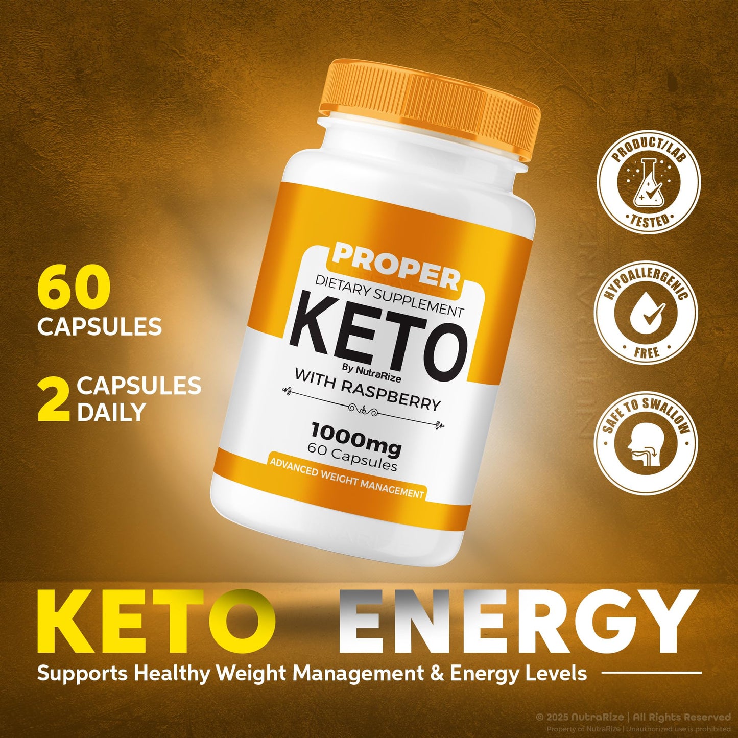 Side angle of NutraRize vegan capsules bottle highlighting the raspberry ketones feature