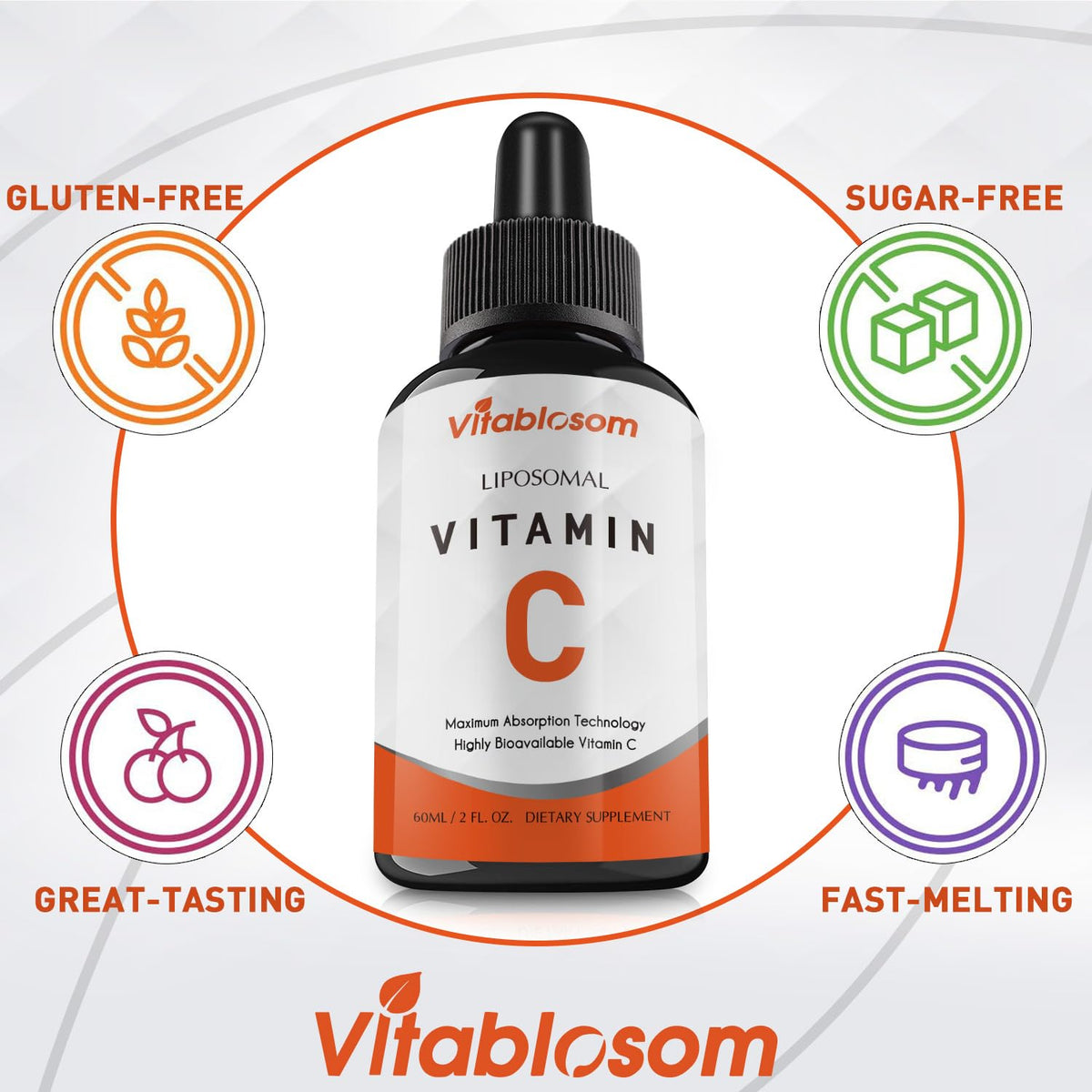 Vitablosom liposomal supplement bottle showing serving size and volume