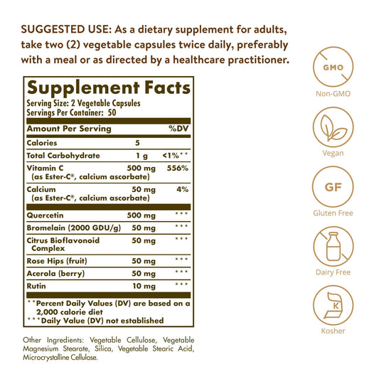 Solgar Quercetin Complex supplement facts label showing Ester-C and bromelain ingredients