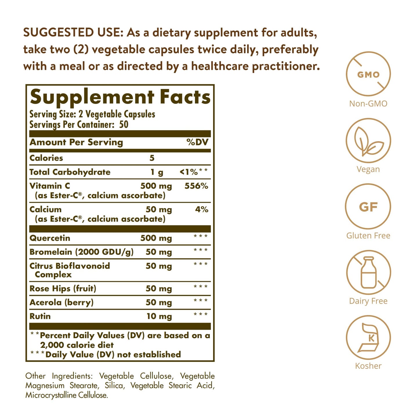 Solgar Quercetin Complex supplement facts label showing Ester-C and bromelain ingredients