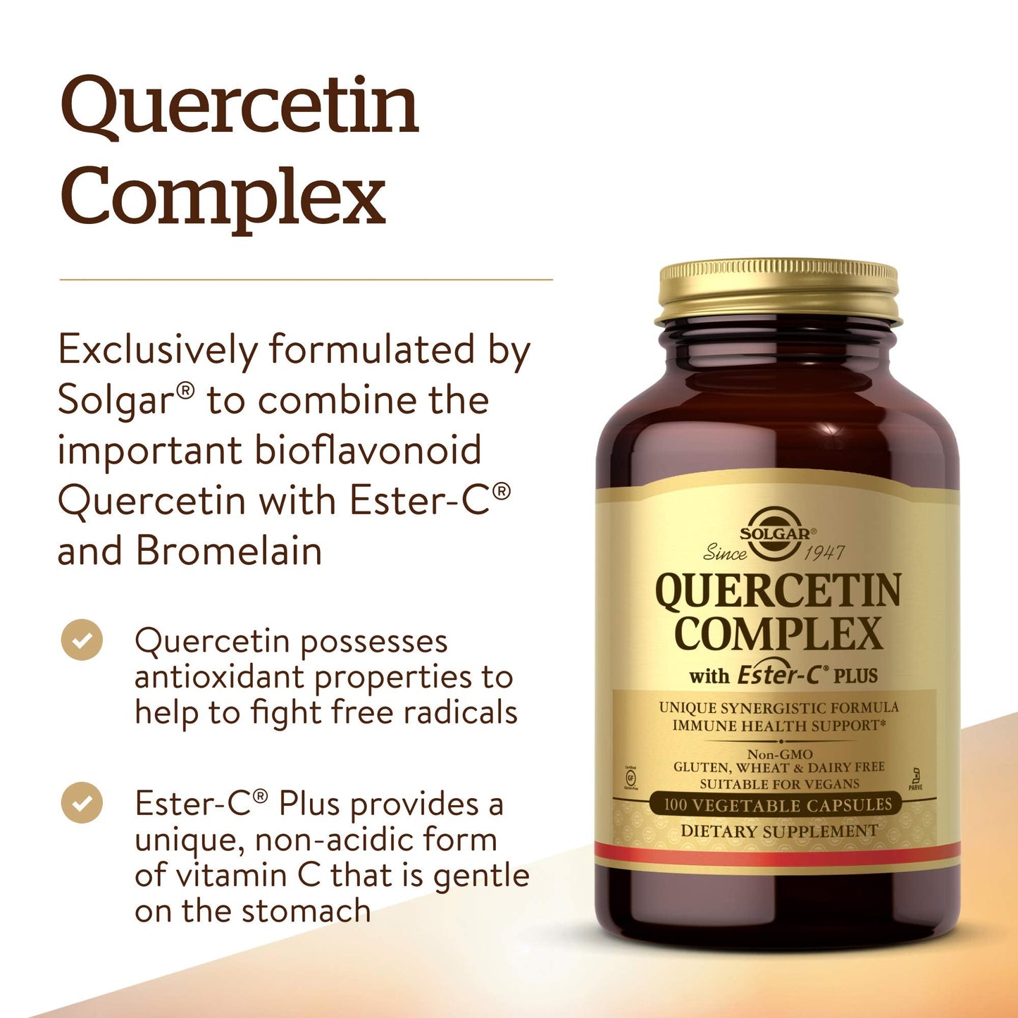 Side profile of Solgar Quercetin Complex bottle displaying vegan and gluten-free certifications