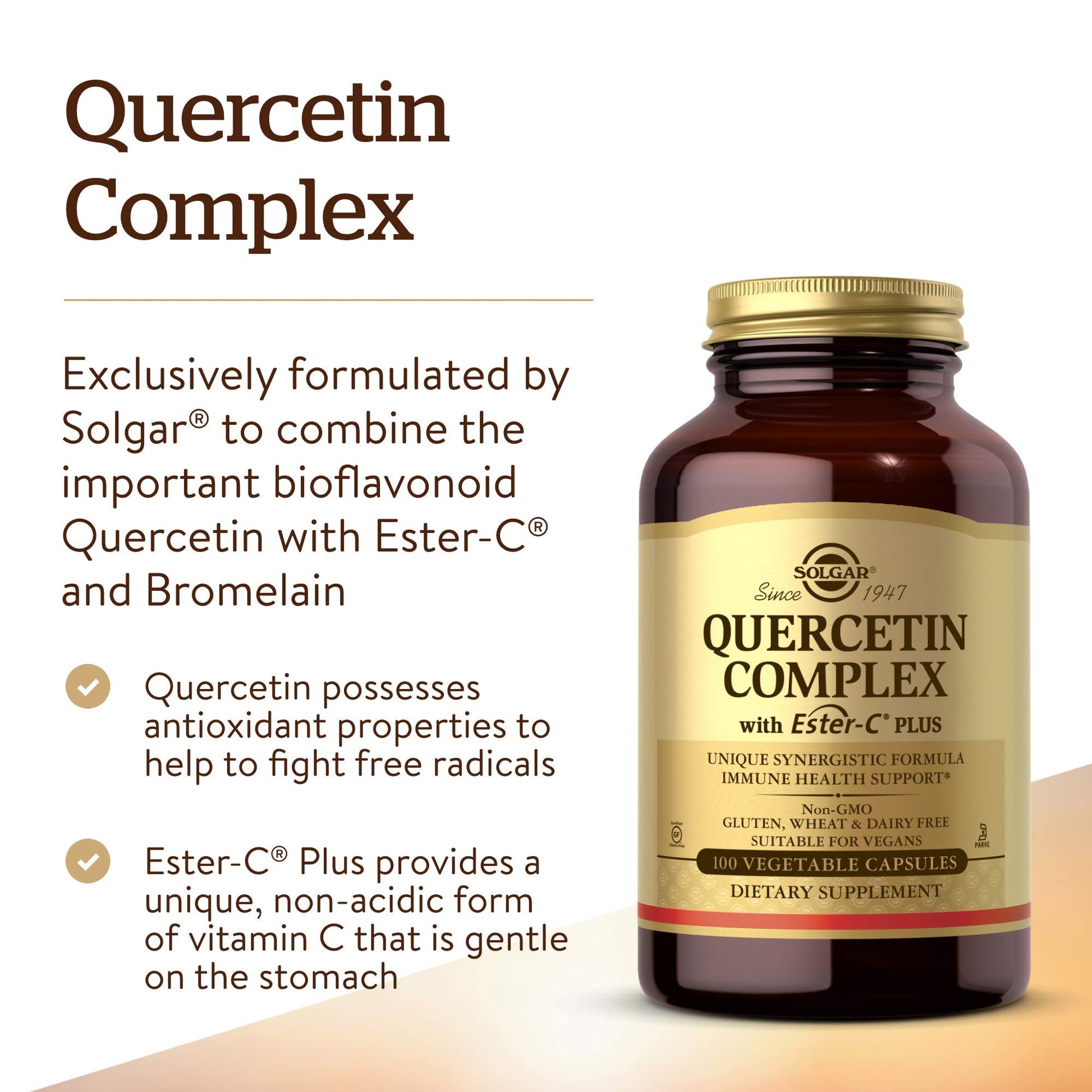 Side profile of Solgar Quercetin Complex bottle displaying vegan and gluten-free certifications
