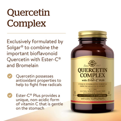 Side profile of Solgar Quercetin Complex bottle displaying vegan and gluten-free certifications