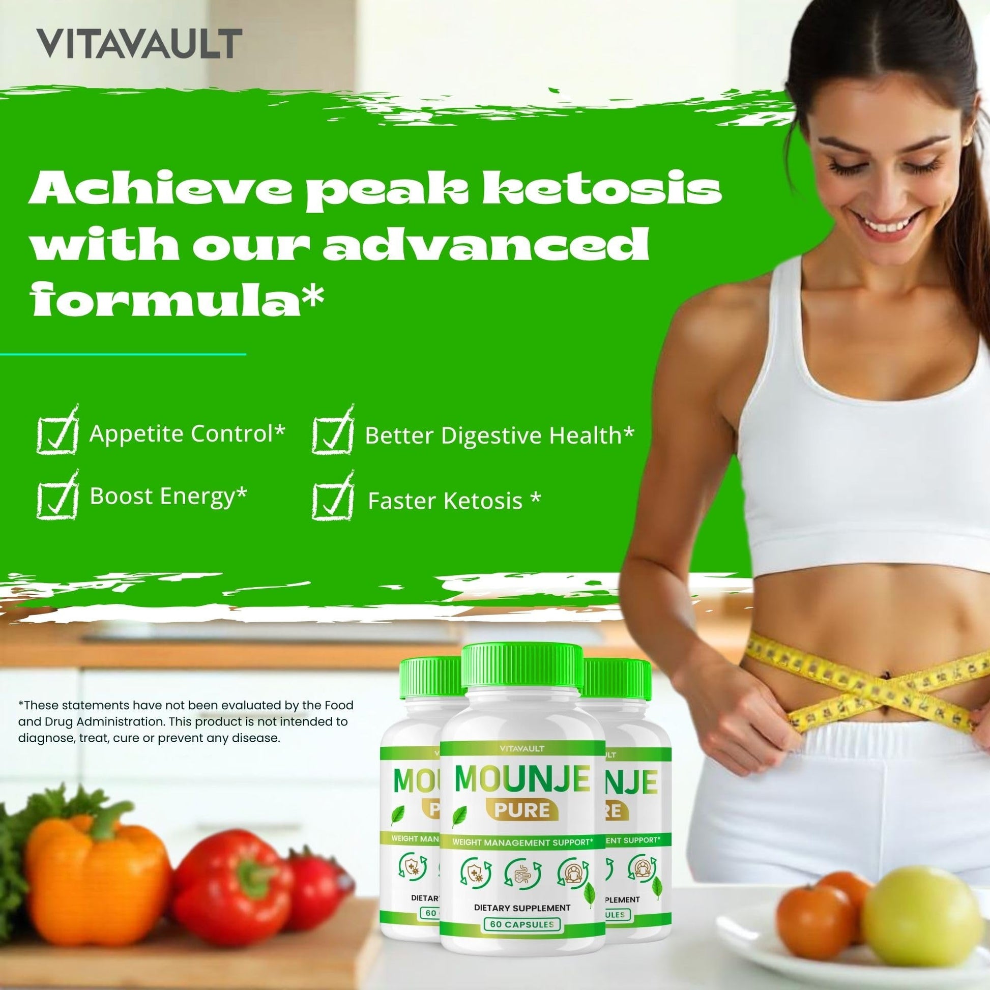 Mounje Pure Keto Capsules packaging showcasing clear product benefits and count details.