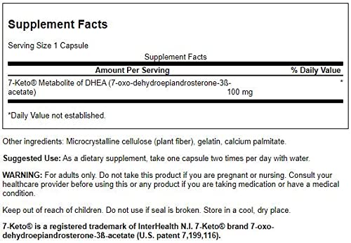 Swanson 7-Keto DHEA weight management supplement nutritional facts label close up shot