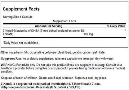 Swanson 7-Keto DHEA weight management supplement nutritional facts label close up shot