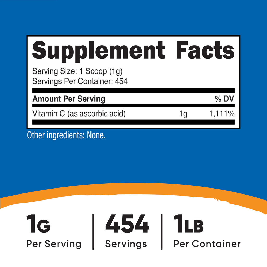 Close up of Nutricost Vitamin C powder nutritional label