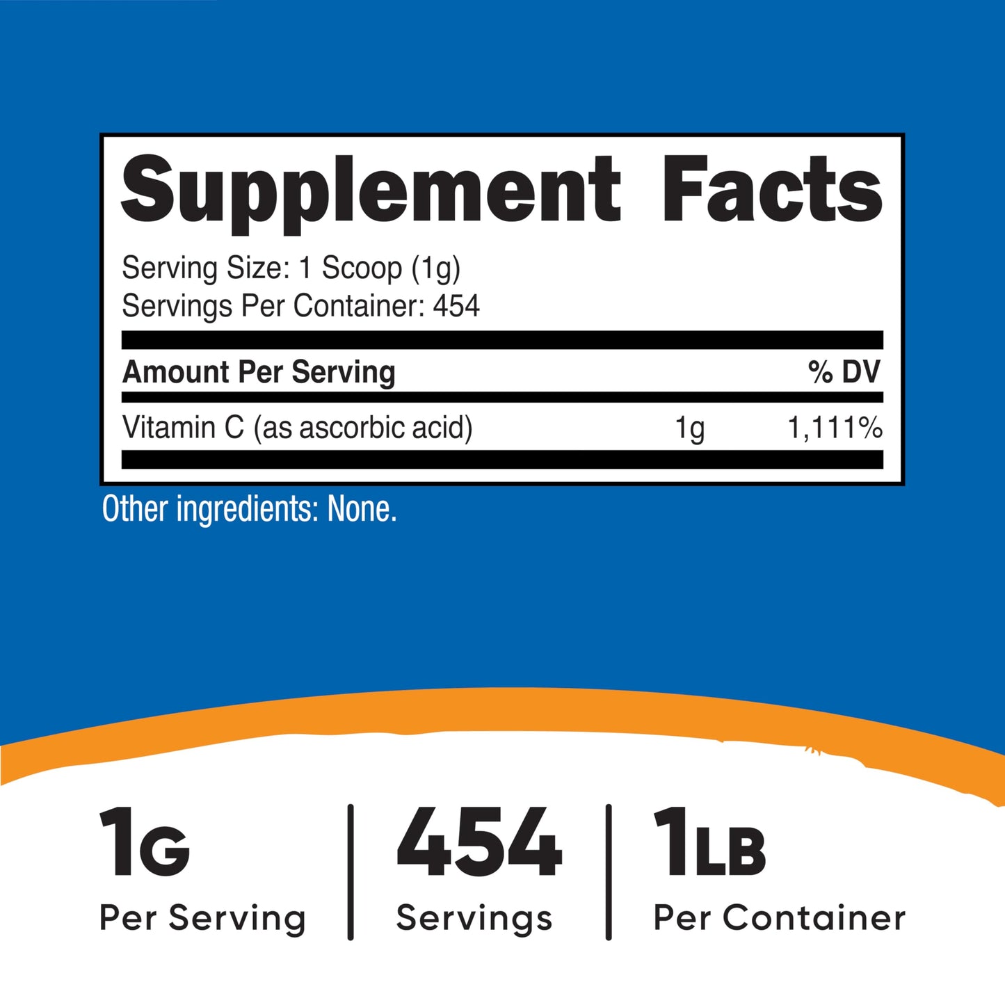 Nutricost unflavored Vitamin C supplement powder nutritional information label