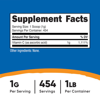 Nutricost unflavored Vitamin C supplement powder nutritional information label