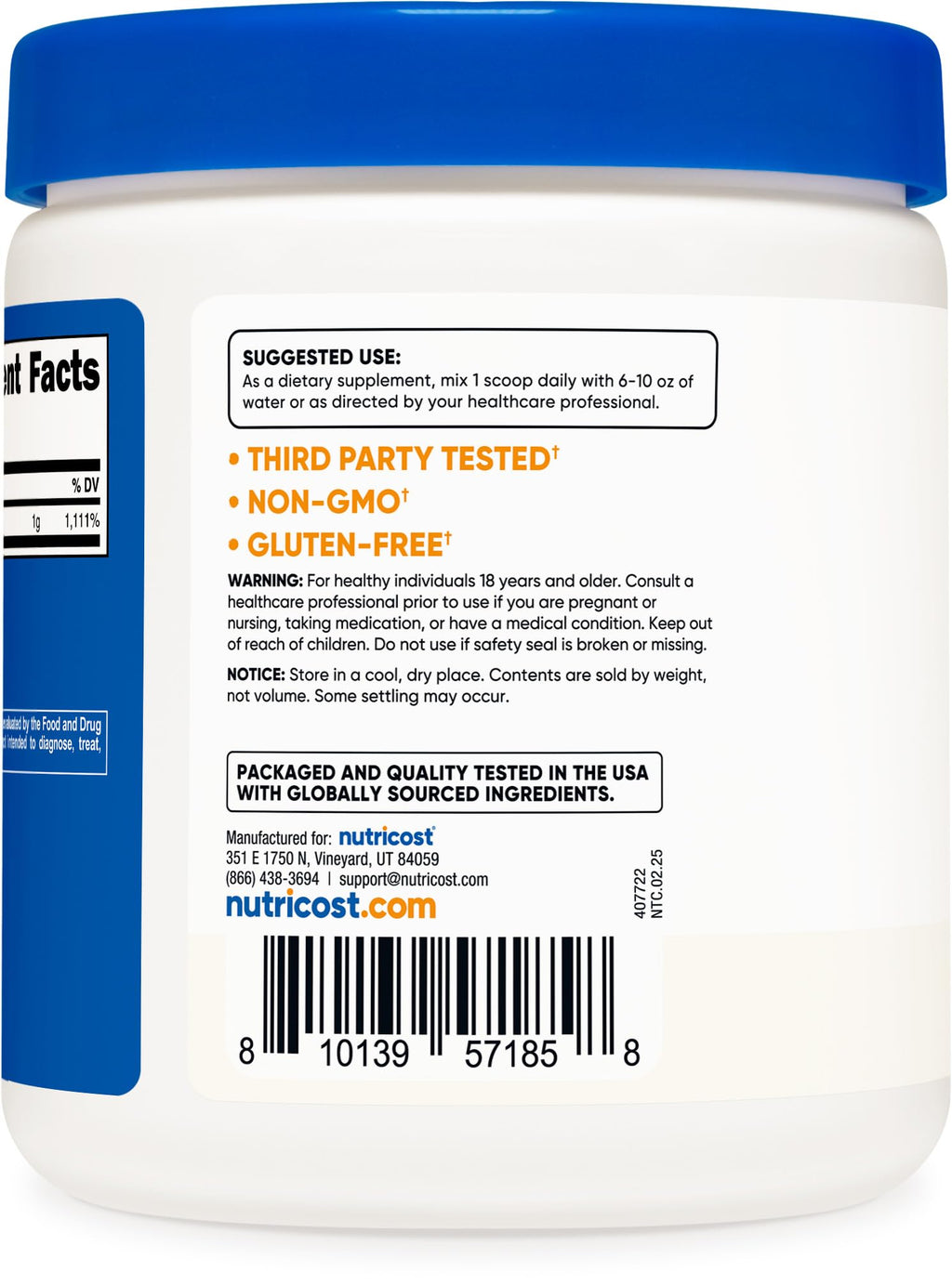 Nutricost 16.2 ounces vitamin C powder jar side profile