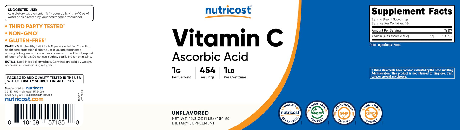 Nutricost 16.2 ounces unflavored Vitamin C health supplement powder texture