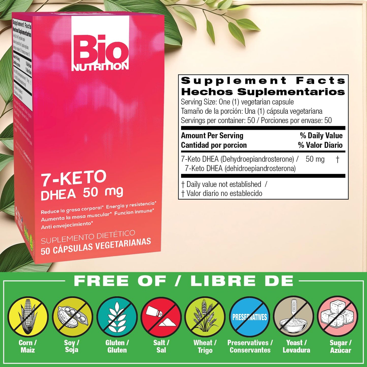 Bio Nutrition 7-Keto DHEA supplement facts and ingredient label on the side of the bottle