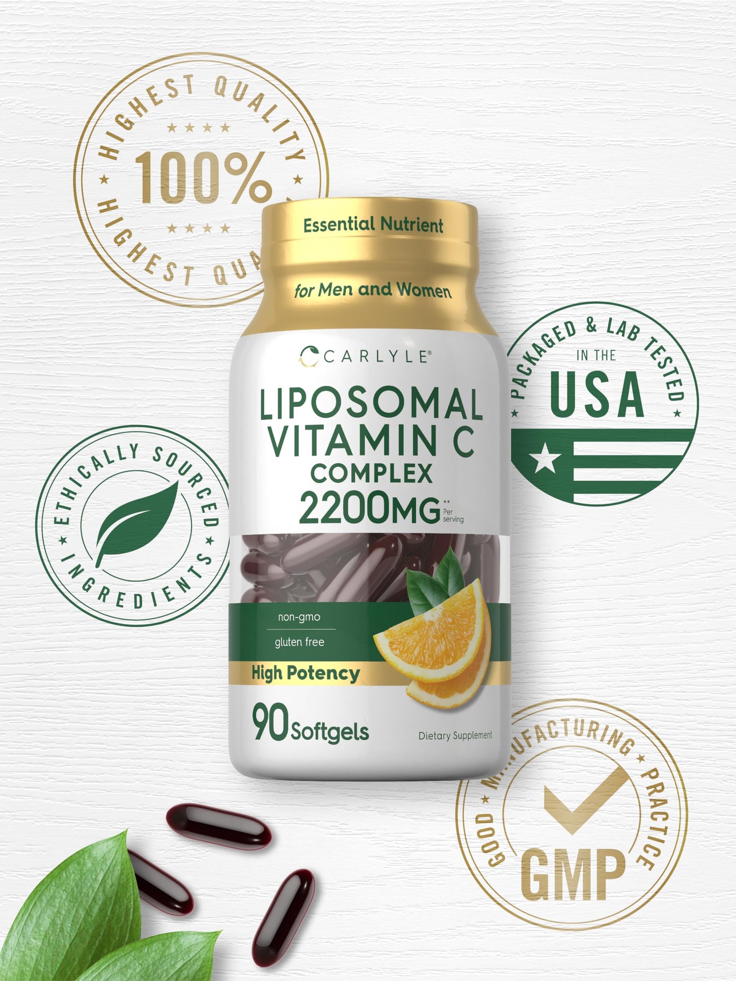 Carlyle non GMO and gluten free vitamin C 2200 milligrams clear product label details
