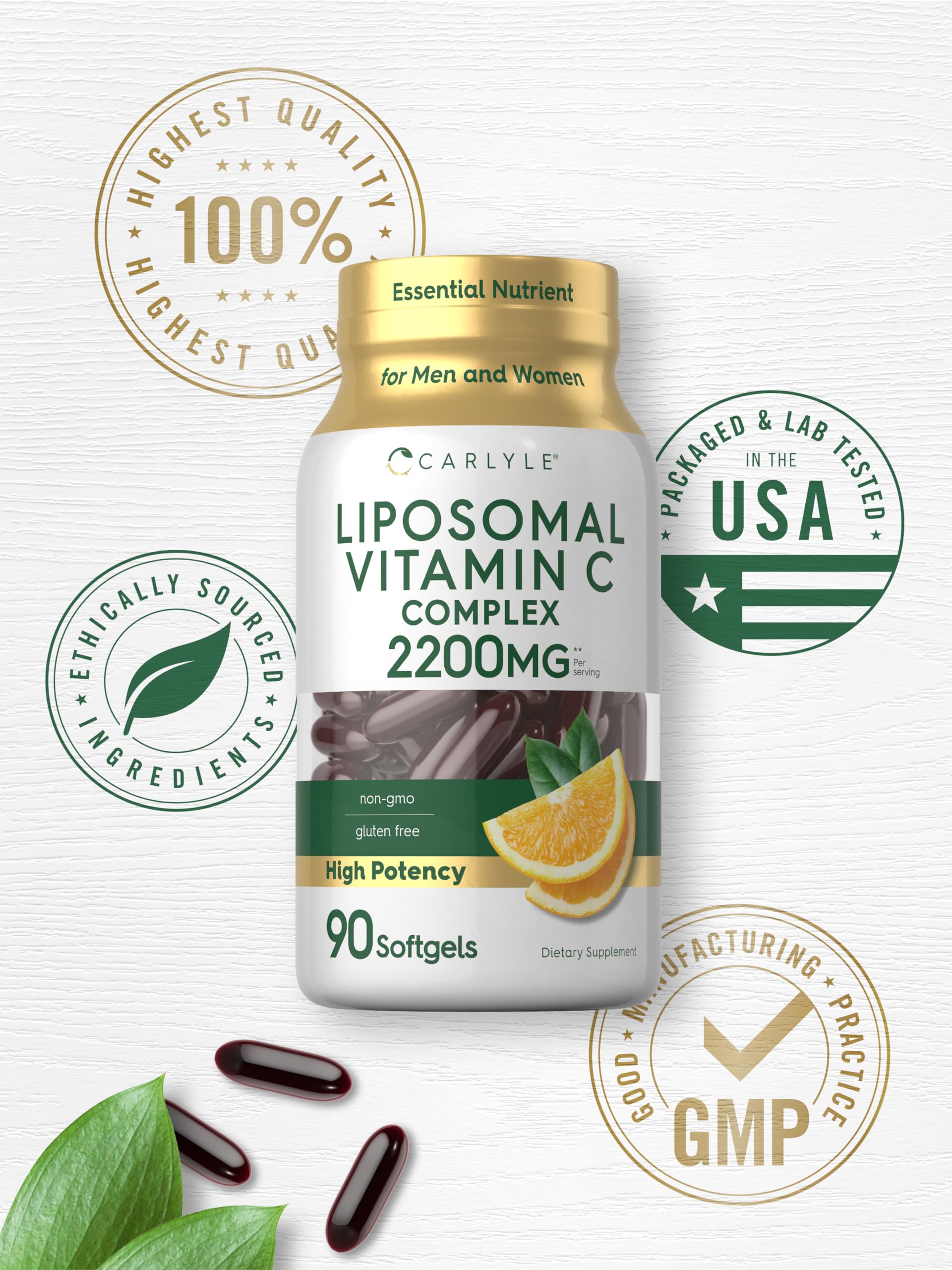Carlyle non GMO and gluten free vitamin C 2200 milligrams clear product label details
