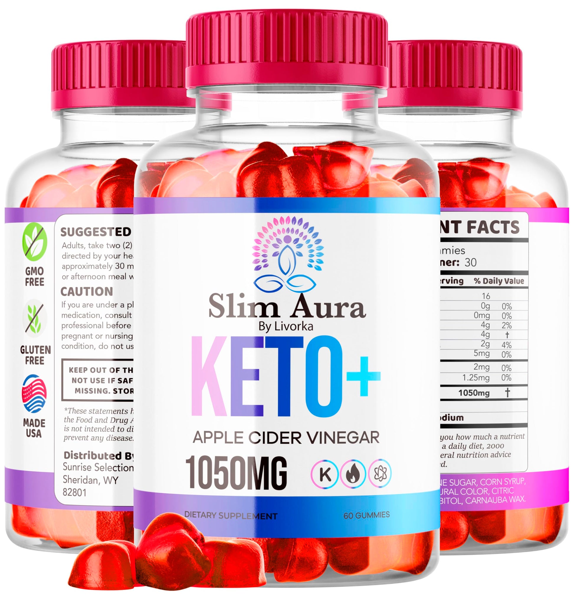 NutraRize Slim Aura Keto ACV gummies bottle showcasing the 1050mg advanced formula certification.