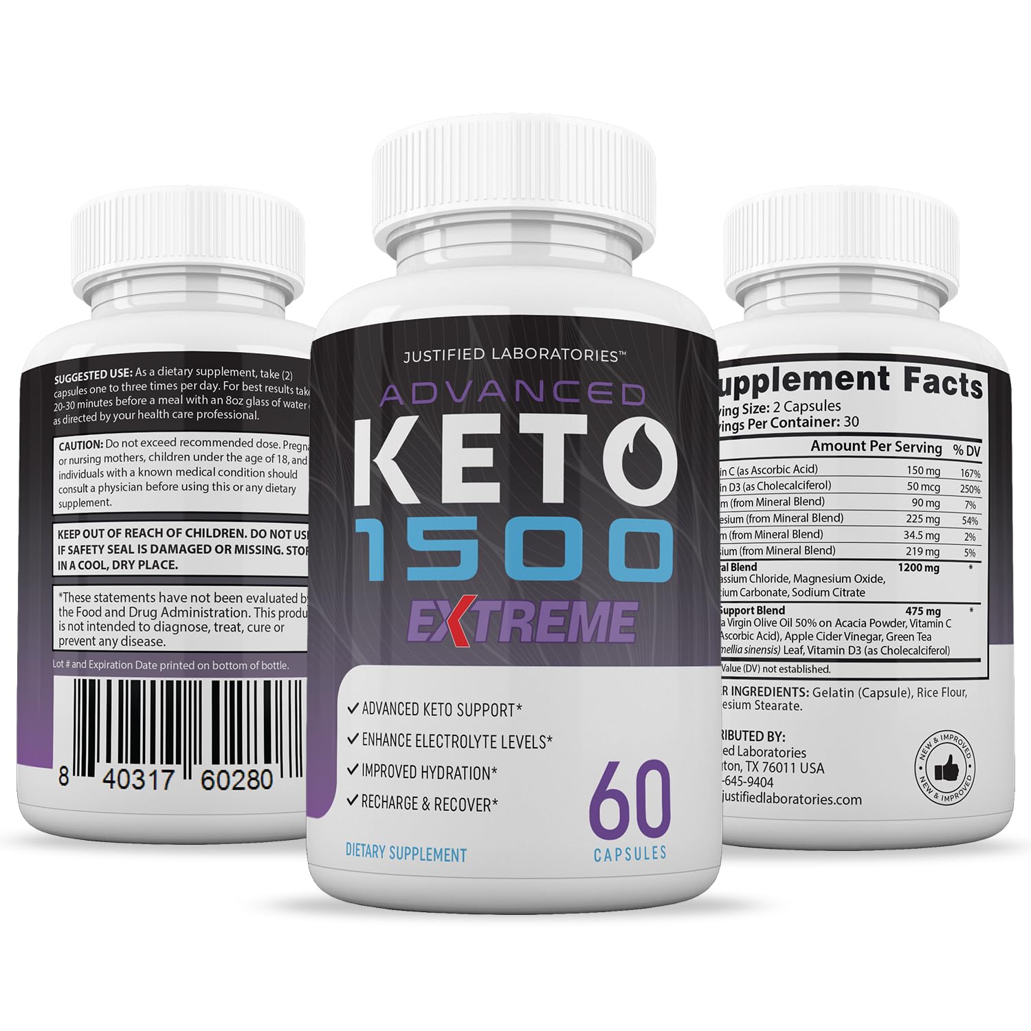 Authentic USA imported Advanced Keto 1500 Extreme capsules bottle side view showing directions