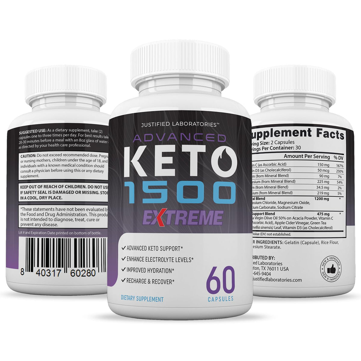 Justified Laboratories Advanced Keto 1500 packaging and bottle display