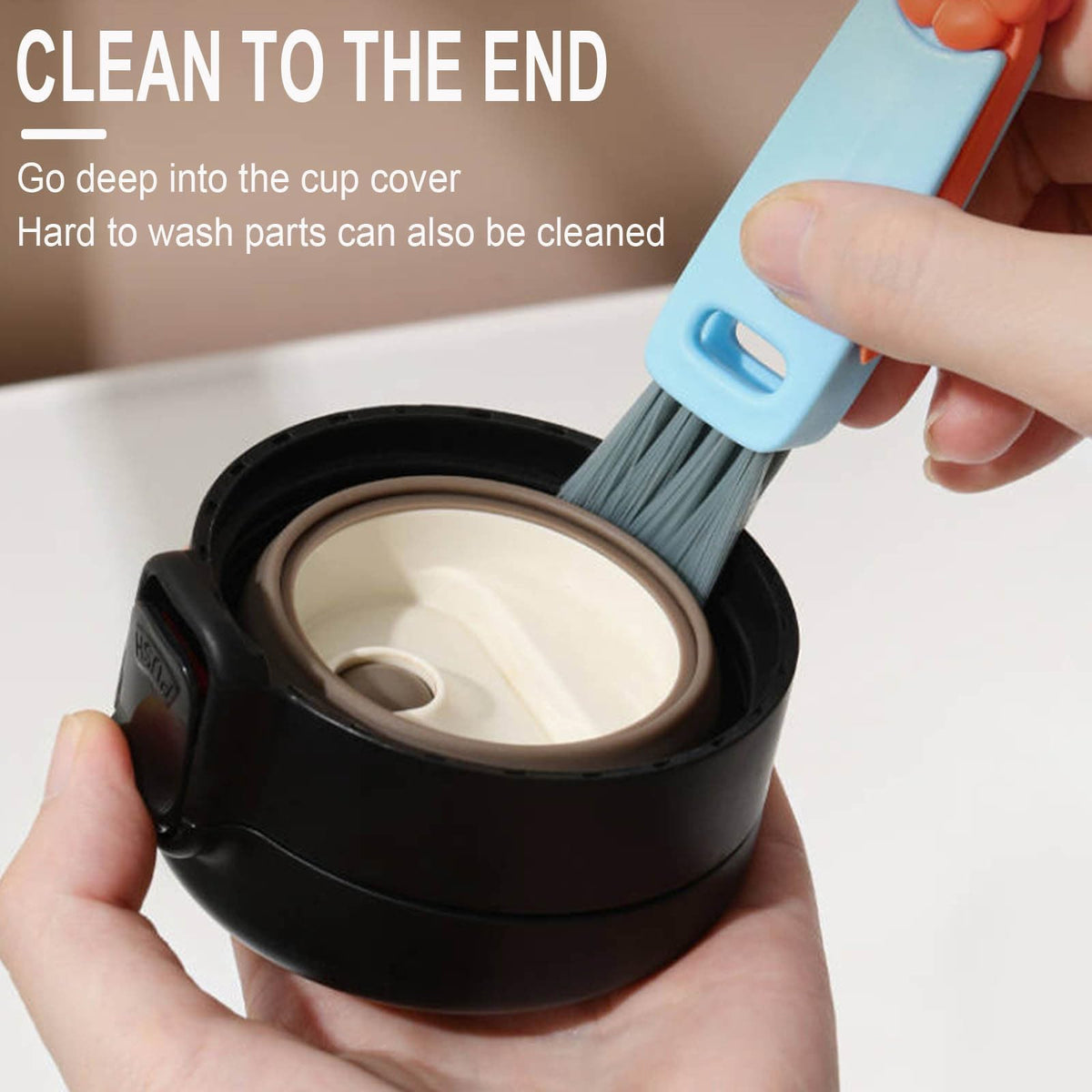 BusyLive multifunctional bottle lid cleaner in use on baby bottle
