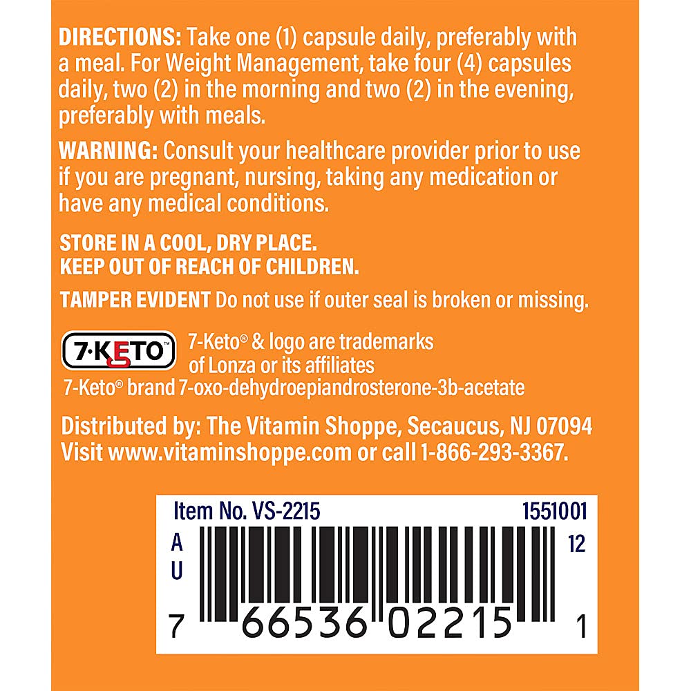 The Vitamin Shoppe 7-Keto DHEA sixty vegetarian capsules dietary supplement details