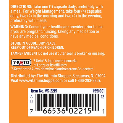 The Vitamin Shoppe 7-Keto DHEA sixty vegetarian capsules dietary supplement details