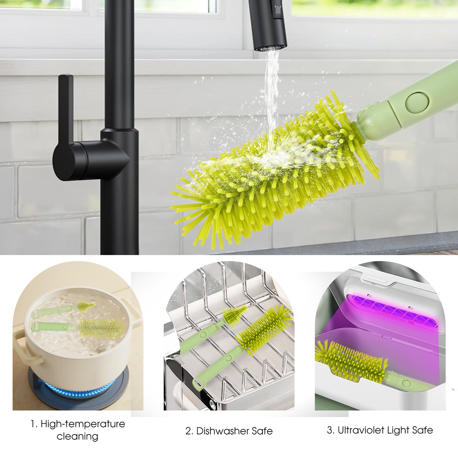 Momcozy baby bottle cleaning kit showing integrated soap dispenser