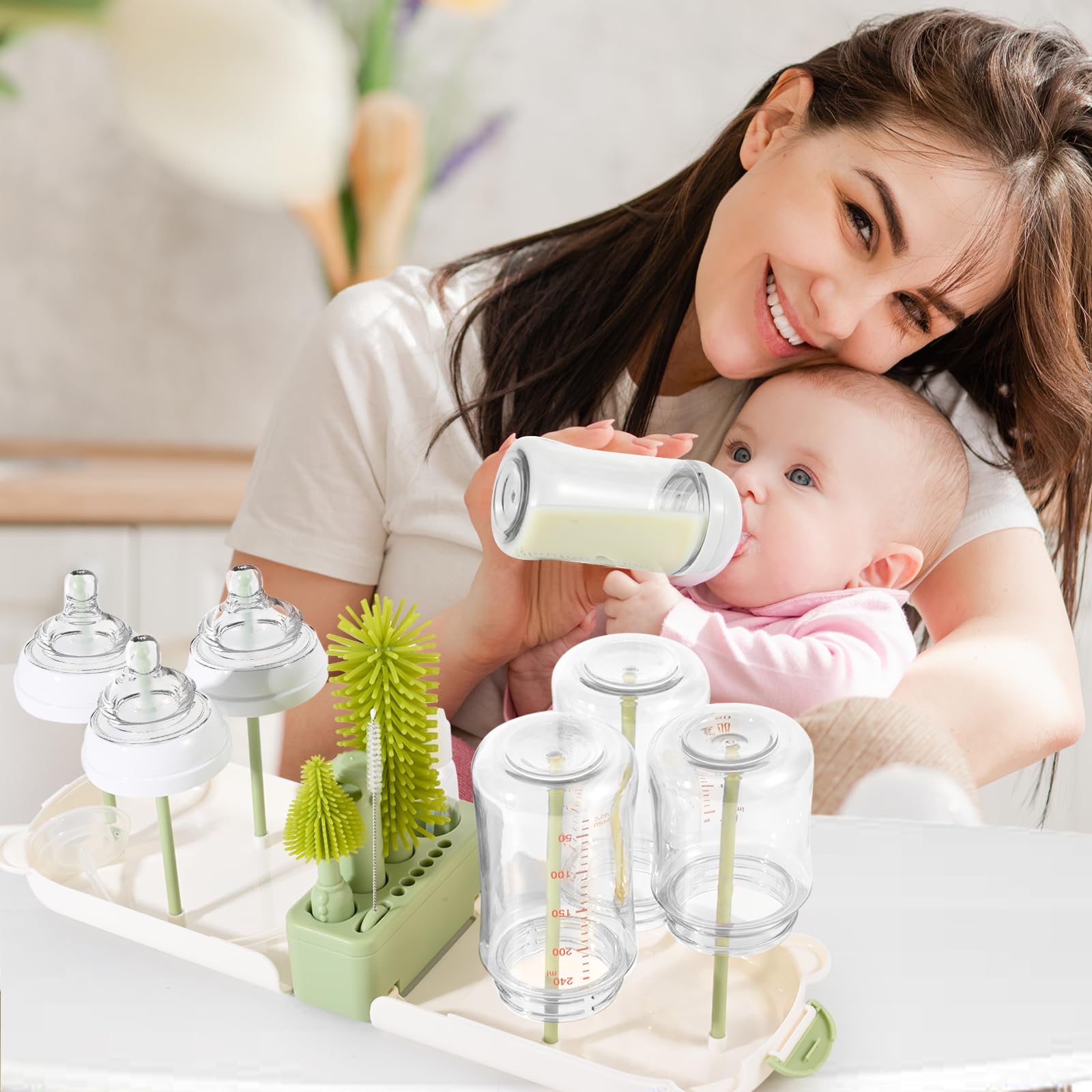 Baby bottle cleaning kit arranged on drying rack for hygiene