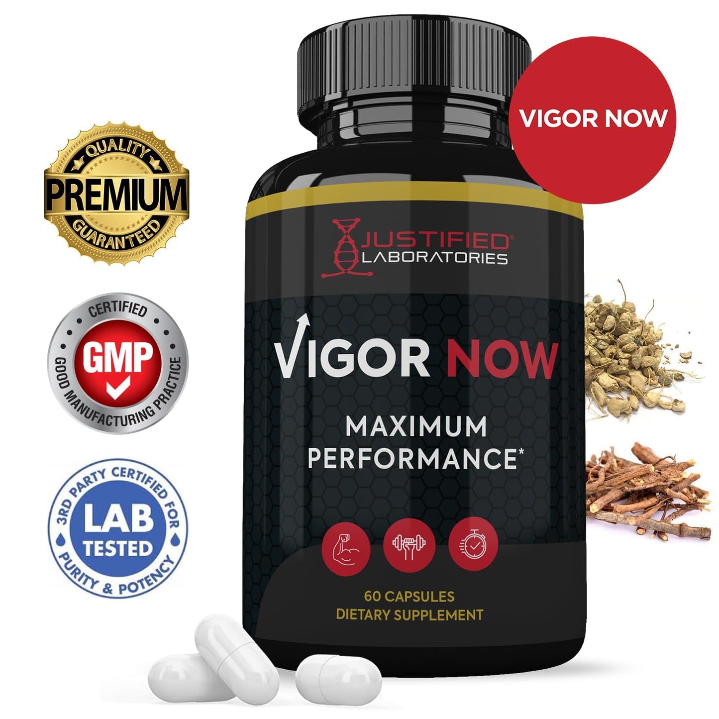 Justified Laboratories Vigor Now Max supplement bottle standing upright showcasing the advanced men health formula details.