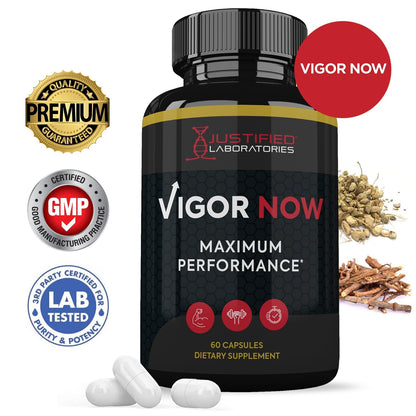 Justified Laboratories Vigor Now Max supplement bottle standing upright showcasing the advanced men health formula details.