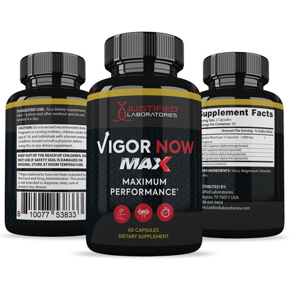 Full product display of Justified Laboratories Vigor Now Max showing the secure packaging for authentic USA imports.