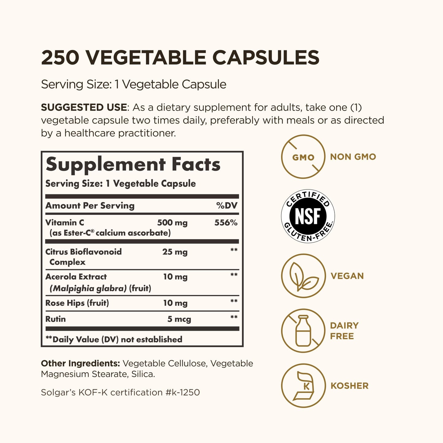Solgar non acidic Vitamin C supplement label showing premium ingredients