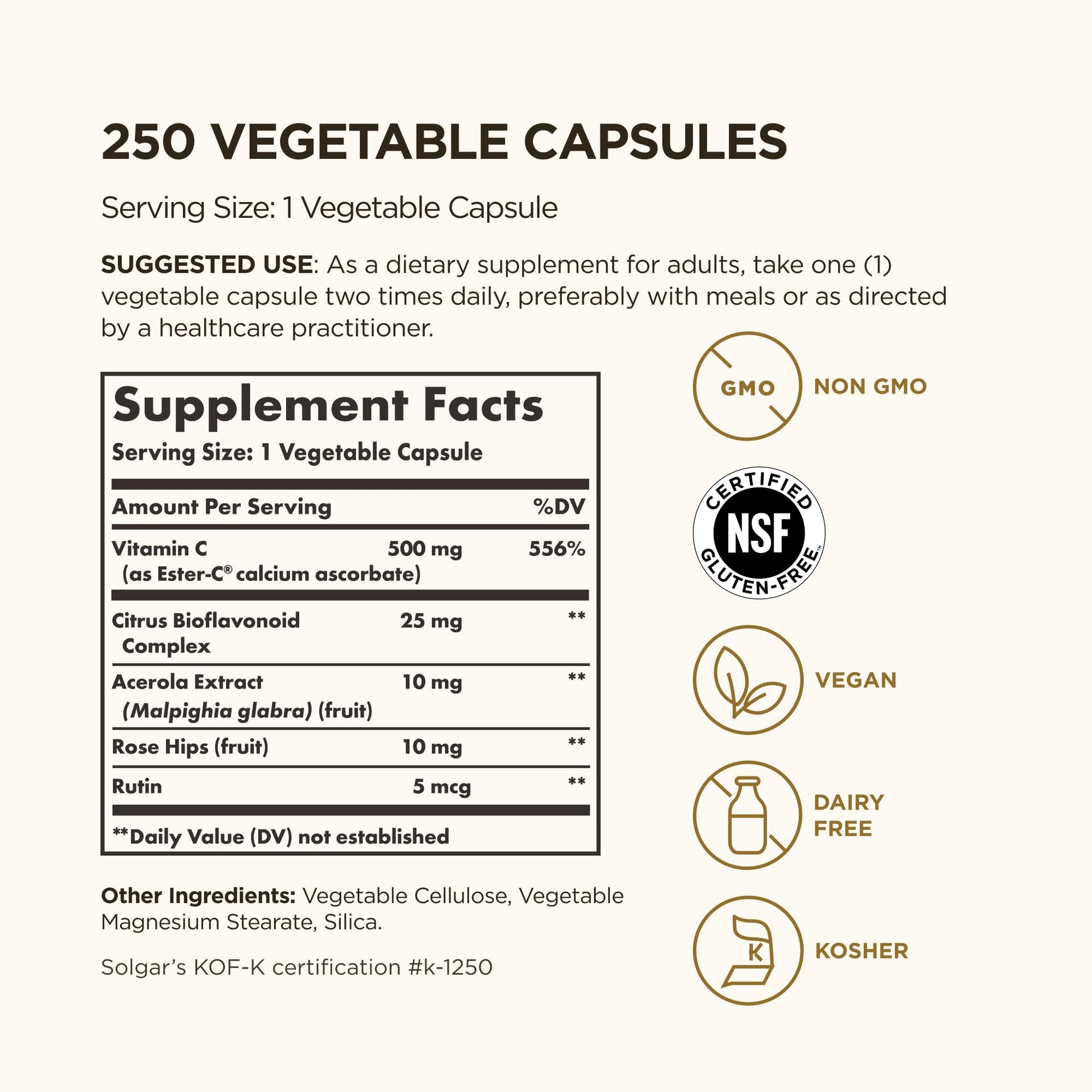 Solgar non acidic Vitamin C supplement label showing premium ingredients