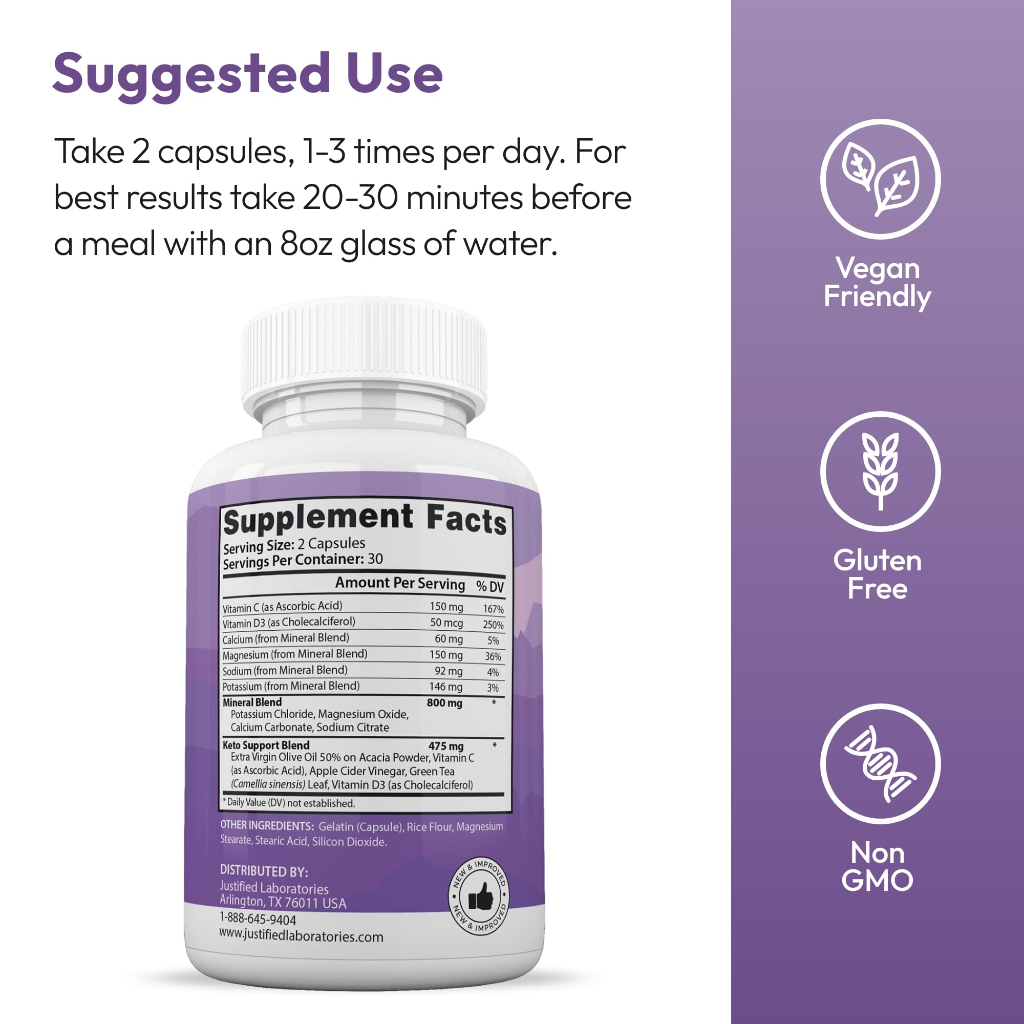 Justified Laboratories Ultra Fast Pure Keto Boost supplement facts and 1275 mg ingredient list label