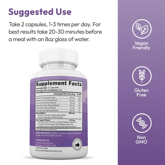 Justified Laboratories Ultra Fast Pure Keto Boost supplement facts and 1275 mg ingredient list label