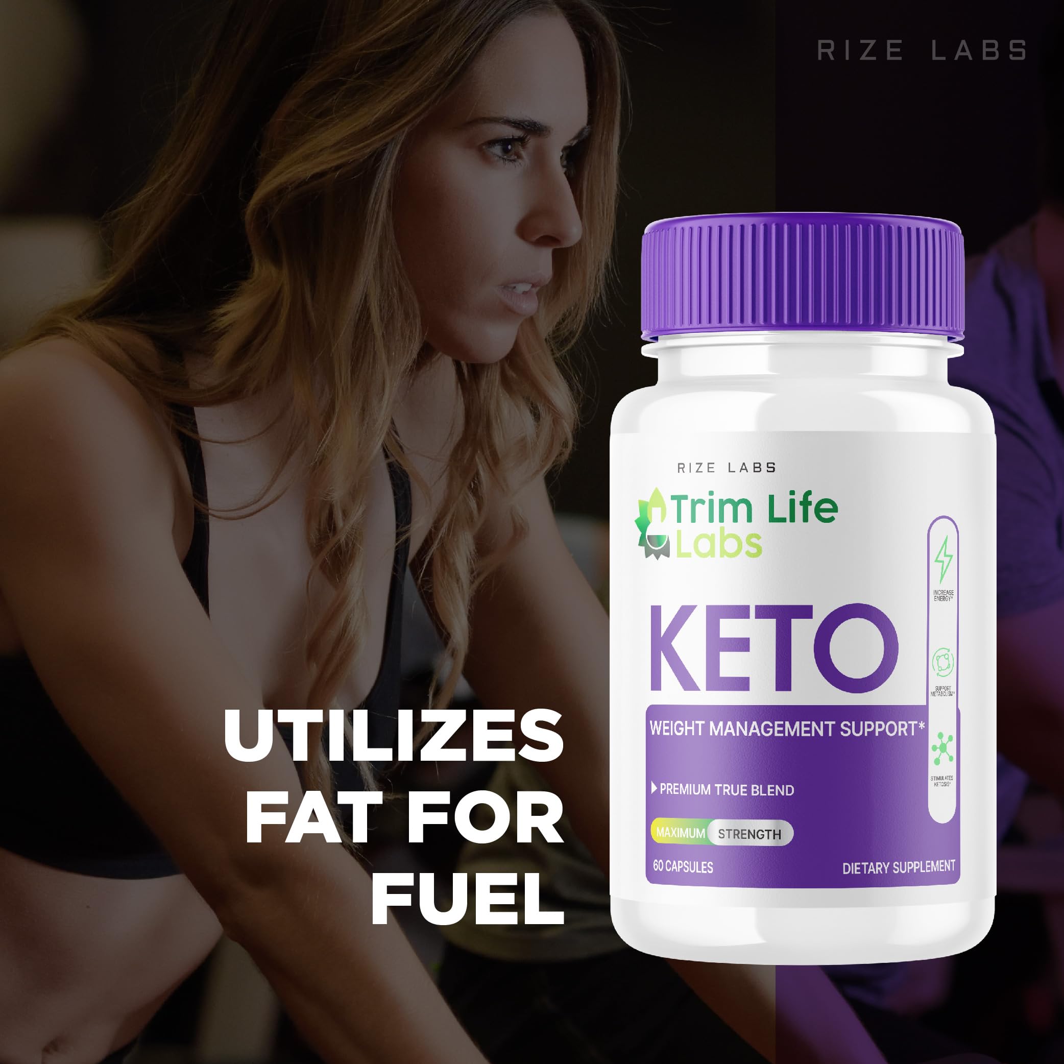 Rize Labs Trim Life Keto apple cider vinegar formula capsules label details showing maximum strength features.