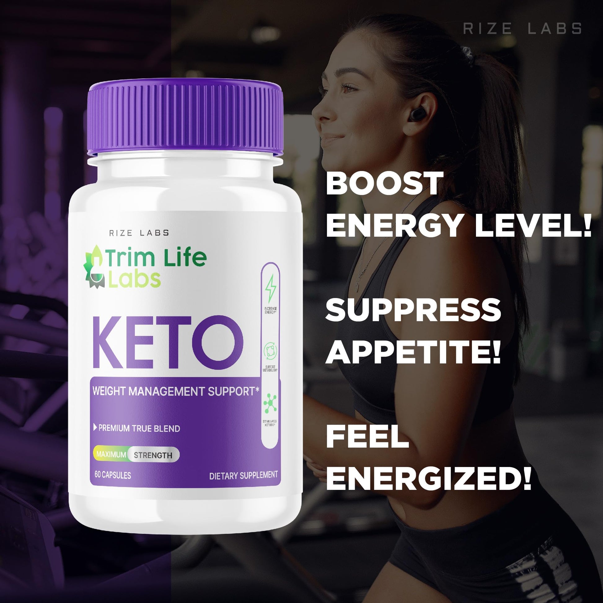 Side perspective of Rize Labs Trim Life advanced weight management supplement bottle highlighting the capsule quantity.